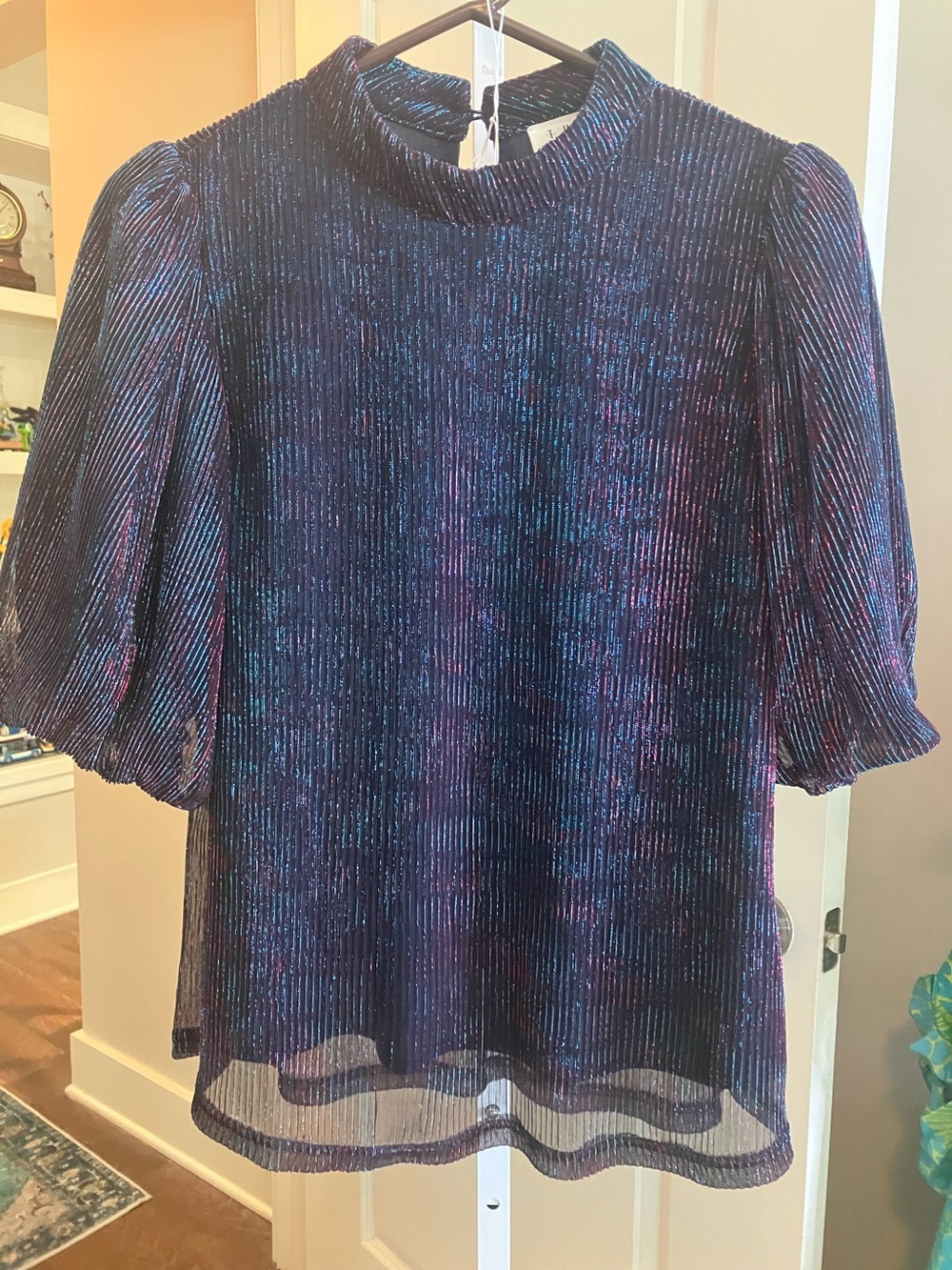 THML Navy Metallic Iridescent Puff Sleeve Blouse